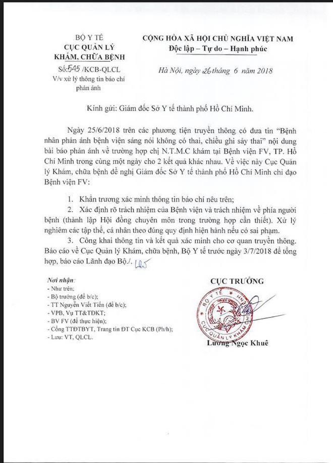 Vụ sáng chẩn đoán không có thai, chiều lại thành hư thai ở Bệnh viện FV: Bộ Y tế vào cuộc - Ảnh 1.