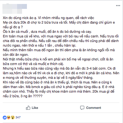 Bố mẹ chồng đưa 20 nghìn bắt đi chợ nấu 2 bữa cho 3 người ăn, nàng dâu trẻ đăng đàn nhờ “cao nhân” chỉ giáo - Ảnh 1.