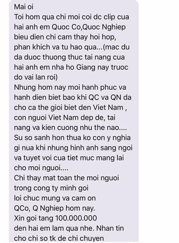 Quốc Cơ - Quốc Nghiệp được khán giả nữ gửi tặng 100 triệu đồng làm quà - Ảnh 1.