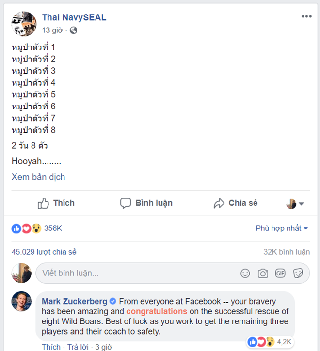 Giải cứu đội bóng Thái Lan: Mark Zuckerberg gửi lời chúc mừng vì đã cứu được 8 trong số 13 người mắc kẹt, Elon Musk thậm chí đã tới tận nơi giúp đỡ - Ảnh 1.
