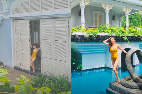 Kh&ocirc;ng cần ra biển, H&agrave; Hồ diện &aacute;o tắm leo tr&egrave;o khắp nơi trong khu nghỉ dưỡng để chụp ảnh sống ảo - Ảnh 1.