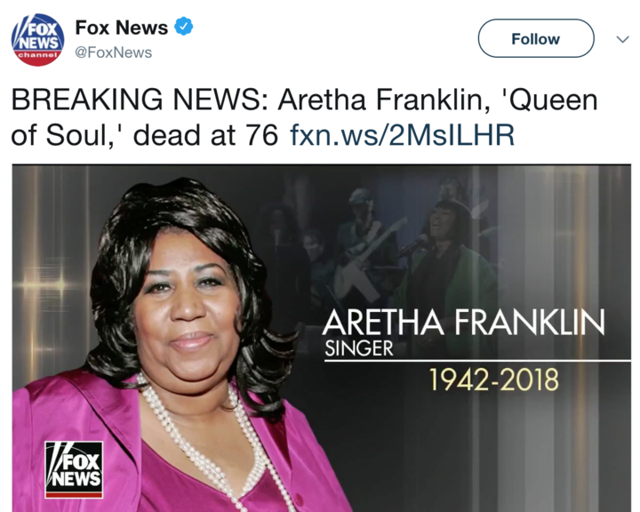 Hãng thông tấn Mỹ đăng tin danh ca Aretha Franklin qua đời nhưng dùng nhầm ảnh ca sĩ khác vẫn còn sống - Ảnh 1. Hãng thông tấn Mỹ đăng tin danh ca Aretha Franklin qua đời nhưng dùng nhầm ảnh ca sĩ khác vẫn còn sống - Ảnh 1.