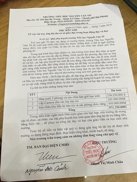 Xác minh thông tin nhà trường kêu gọi phụ huynh tài trợ gần 1 tỷ đồng - Ảnh 1. Xác minh thông tin nhà trường kêu gọi phụ huynh tài trợ gần 1 tỷ đồng - Ảnh 1.