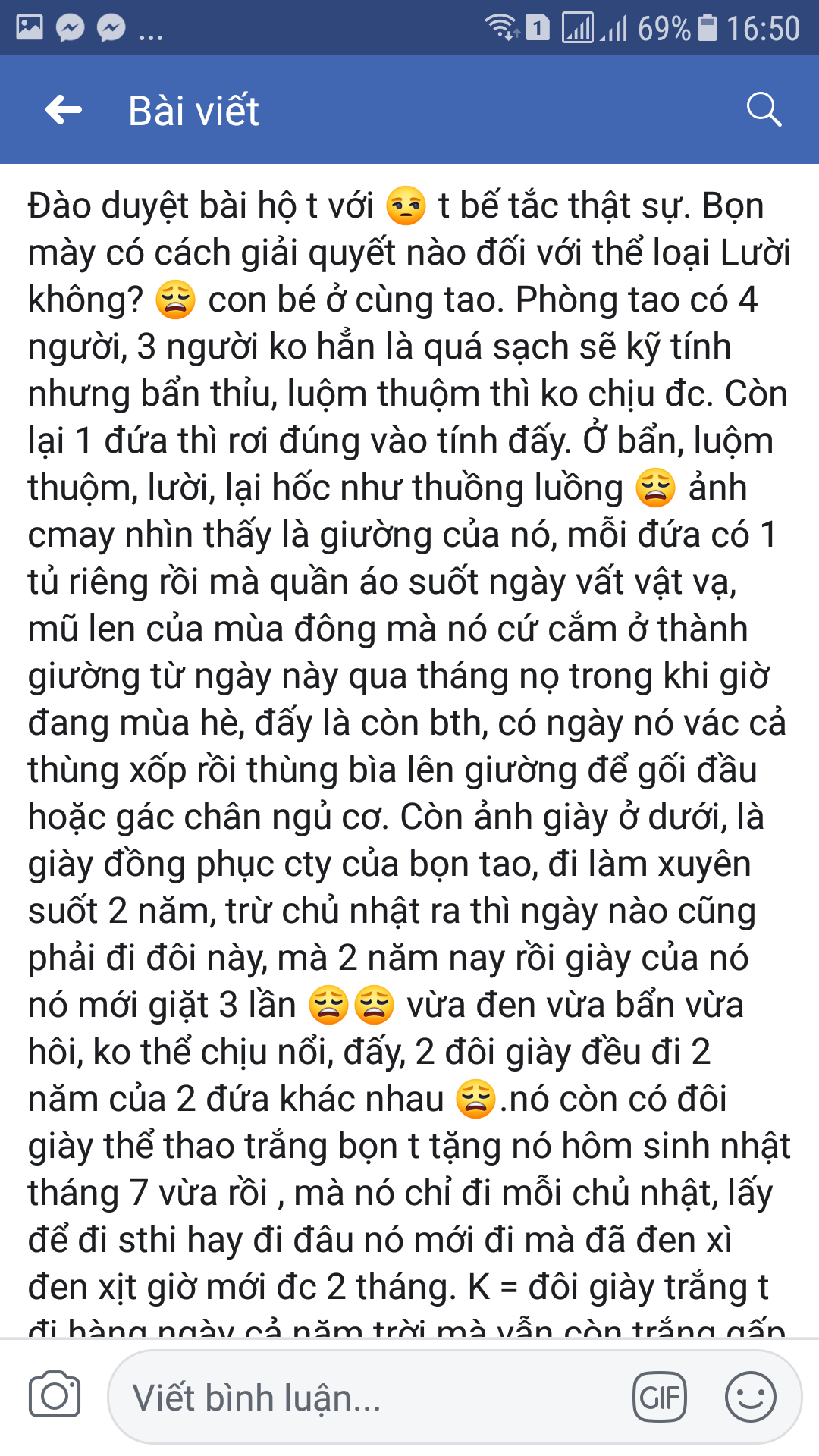 Cô gái lên mạng nhờ 500 anh em bày cách trị cao thủ ở bẩn cùng phòng: Quần áo mặc mấy ngày không giặt, 2 năm đánh đôi giày trắng được 3 lần - Ảnh 1. Cô gái lên mạng nhờ 500 anh em bày cách trị cao thủ ở bẩn cùng phòng: Quần áo mặc mấy ngày không giặt, 2 năm đánh đôi giày trắng được 3 lần - Ảnh 1.