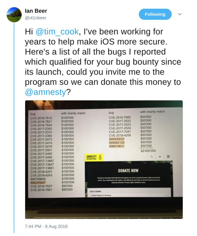 Phát hiện được 30 lỗ hổng trong iOS, hacker đòi CEO Apple quyên góp 2,45 triệu USD - Ảnh 1.