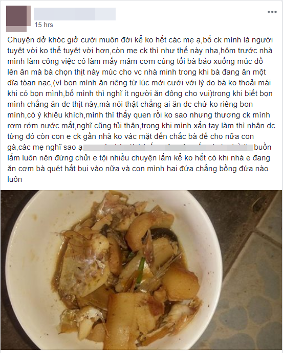 Hùng hục làm cỗ cả buổi, nàng dâu chỉ được mẹ chồng cho bát thịt mỡ, em chồng chẳng làm gì lại được phần cả nửa con gà - Ảnh 1.