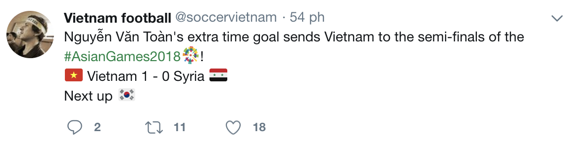Cộng đồng mạng thế giới đồng loạt gửi lời chúc mừng tới đội tuyển Olympic Việt Nam với chiến thắng 1-0 trước Syria - Ảnh 11. Cộng đồng mạng thế giới đồng loạt gửi lời chúc mừng tới đội tuyển Olympic Việt Nam với chiến thắng 1-0 trước Syria - Ảnh 11.