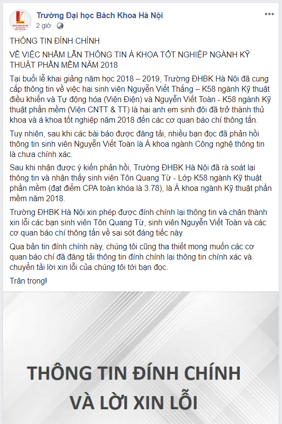 Tôn vinh và khen thưởng nhầm sinh viên Á khoa tốt nghiệp, Đại học Bách khoa lên tiếng xin lỗi - Ảnh 2.