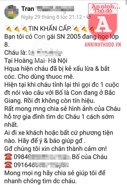 Nóng: Không có sự việc nữ sinh lớp 8 bị đánh thuốc mê, bắt cóc ở Hà Nội! - Ảnh 1.