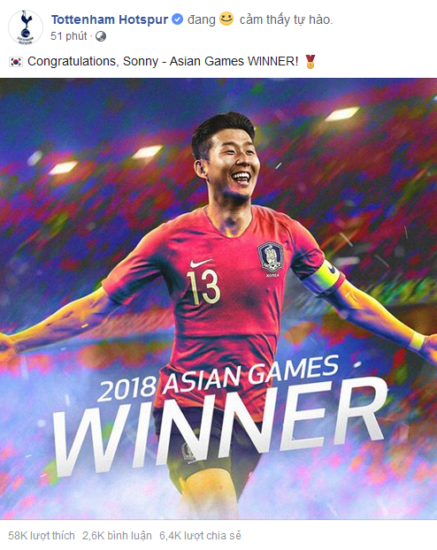 Đội bóng Ngoại hạng Anh chúc mừng Son Heung-min vô địch ASIAD 2018 - Ảnh 1.