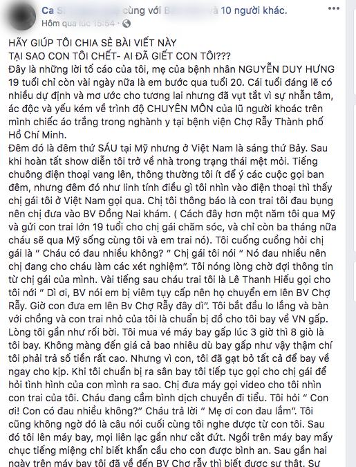 Máº¹ Viá»t kiá»u Má»¹ tá» bÃ¡c sÄ© táº¯c trÃ¡ch lÃ m con trai 19 tuá»i tá»­ vong, BV Chá»£ Ráº«y lÃªn tiáº¿ng: NgÆ°á»i nhÃ  bá»nh nhÃ¢n ÄÃ£ thá»i phá»ng cÃ¢u chuyá»n - áº¢nh 1.