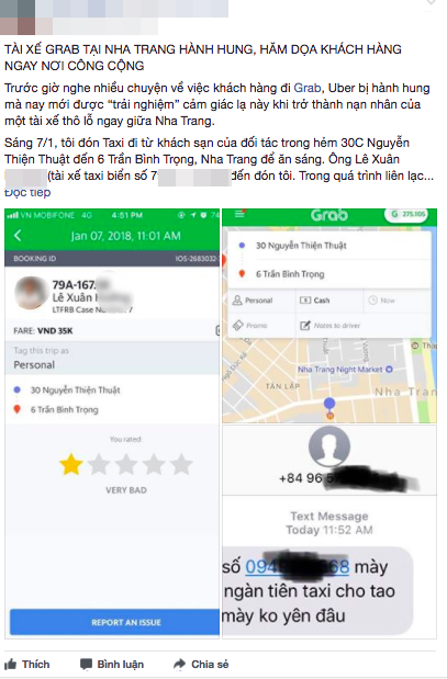 Tài xế GrabTaxi ở Nha Trang đấm thẳng vào mặt khách hàng vì đòi số tiền gấp 2,5 lần giá cước không được - Ảnh 1.