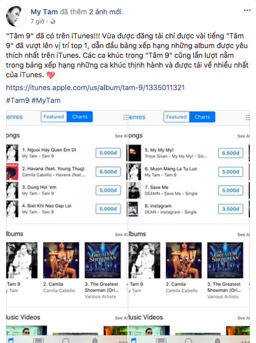 Chỉ vừa được đăng tải ít giờ, toàn bộ 13 bài hát trong album Tâm 9 leo thẳng lên vị trí #1 Itunes Việt Nam - Ảnh 1.