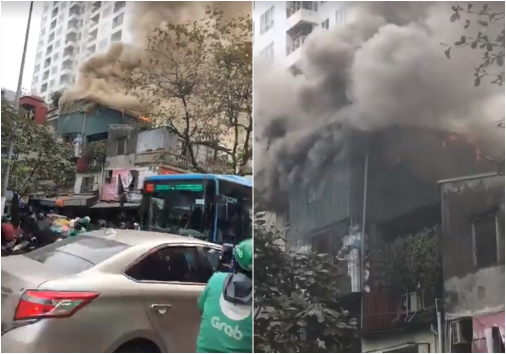 Hà Nội: Cháy lớn nhà dân ngay cạnh chợ Mơ, cột khói dày đặc bốc cao hàng chục mét - Ảnh 1.