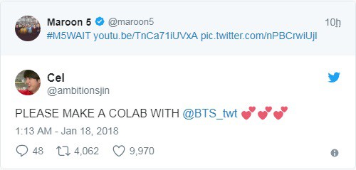 D&acirc;n t&igrave;nh thấp thỏm: Maroon 5 gửi icon mặt cười khi fan y&ecirc;u cầu hợp t&aacute;c với BTS - Ảnh 1.