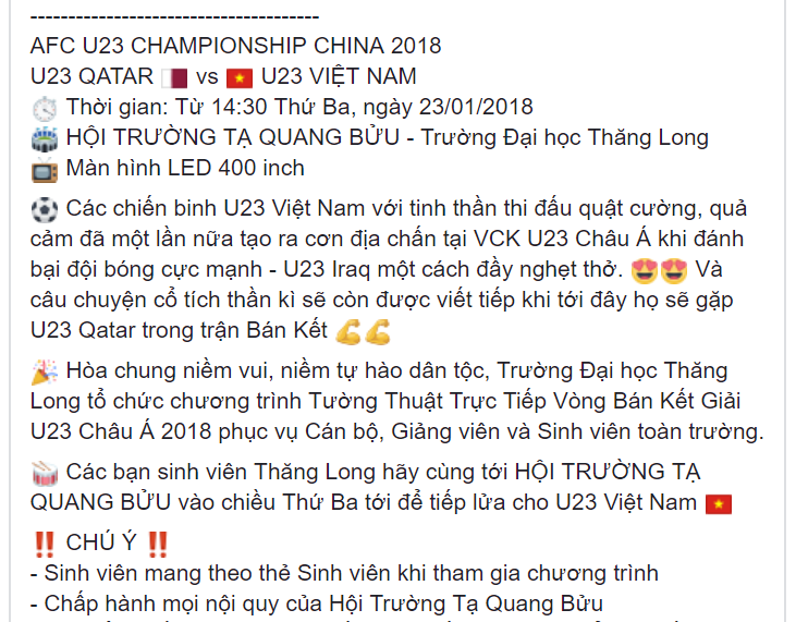 Trước thềm bán kết U23 Việt Nam gặp Qatar: Hàng loạt công ty cho nghỉ làm, thưởng 1 triệu cho mỗi nhân viên tương đương bàn thắng VN ghi được Trước thềm bán kết U23 Việt Nam gặp Qatar: Hàng loạt công ty cho nghỉ làm, thưởng 1 triệu cho mỗi nhân viên tương đương bàn thắng VN ghi được
