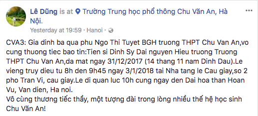Cựu HS THPT Chu Văn An (Hà Nội) đau buồn khi nguyên Hiệu trưởng - thầy Đinh Sỹ Đại qua đời - Ảnh 1.