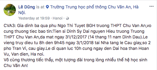 Cựu HS THPT Chu Văn An (H&agrave; Nội) đau buồn khi nguy&ecirc;n Hiệu trưởng - thầy Đinh Sỹ Đại qua đời - Ảnh 1.