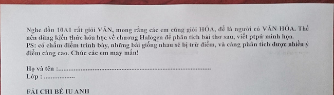 Cô giáo biết lớp học giỏi Văn nên ra hẳn đề kiểm tra Hoá dưới dạng thơ tình để lớp thành người có Văn Hoá - Ảnh 1.