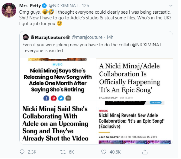 Nicki Minaj liên tiếp mang khán giả và truyền thông làm trò đùa: hết vờ vĩnh giải nghệ lại nói dối hợp tác với Adele!  - Ảnh 2.