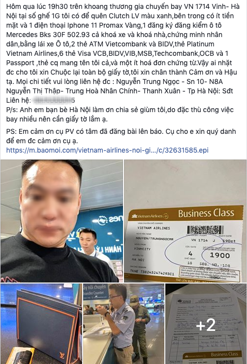 Bỏ quên túi LV ở khoang thương gia máy bay Vietnam Airlines, hành khách lên facebook đăng tin tìm kiếm - Ảnh 1.