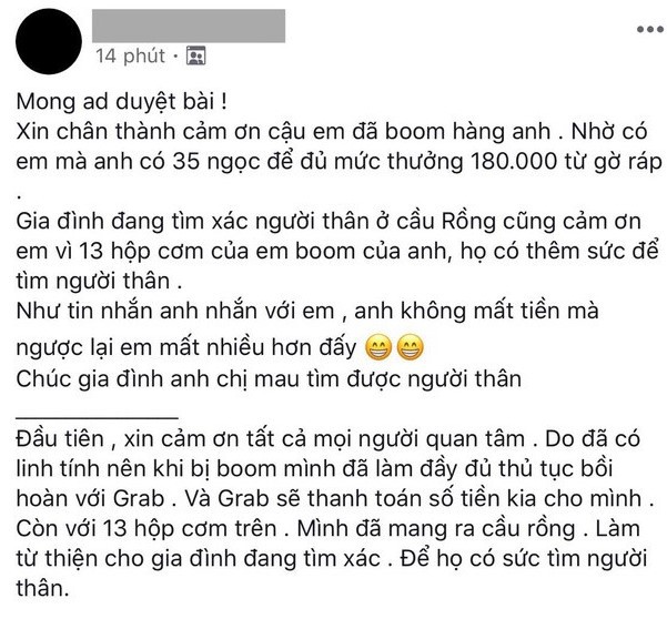 Chàng Grab mang tặng 13 suất cơm gà bị khách bom: Cuộc sống này, tiền bạc quan trọng thật nhưng không phải là tất cả - Ảnh 1.