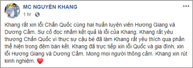 Bị dân mạng tấn công sau sự cố đọc nhầm kết quả The Voice Kids, MC Nguyên Khang tiếp tục lên tiếng - Ảnh 2.