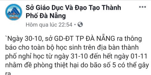 Đà Nẵng: Công văn cho học sinh trên toàn thành phố nghỉ học do bão số 5 lan truyền trên Facebook là giả - Ảnh 2.