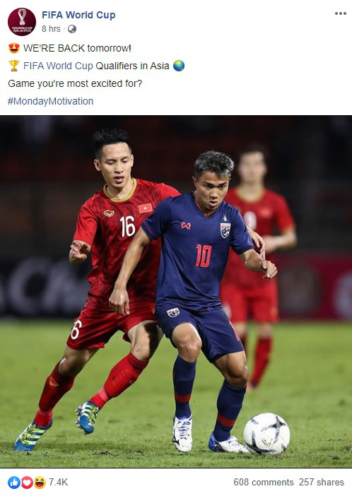 Fanpage chính chủ 44 triệu lượt thích của FIFA nhấn mạnh: Việt Nam đấu Thái Lan là trận cầu tâm điểm vòng loại World Cup - Ảnh 1.