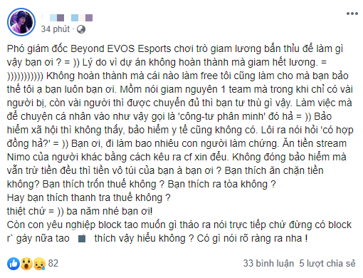 Cựu tuyển thủ Beyond - Phó giám đốc EVOS Esports bị tố giữ lương, ăn chặn tiền hợp đồng của nhân viên? - Ảnh 2.