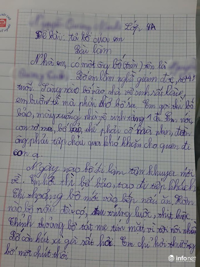 Cười ngất trước bài văn tả bố của học sinh lớp 4: Làm giám đốc, sáng nào cũng vệ sinh rất lâu, em buồn tè mà phải chờ bố ra - Ảnh 1.