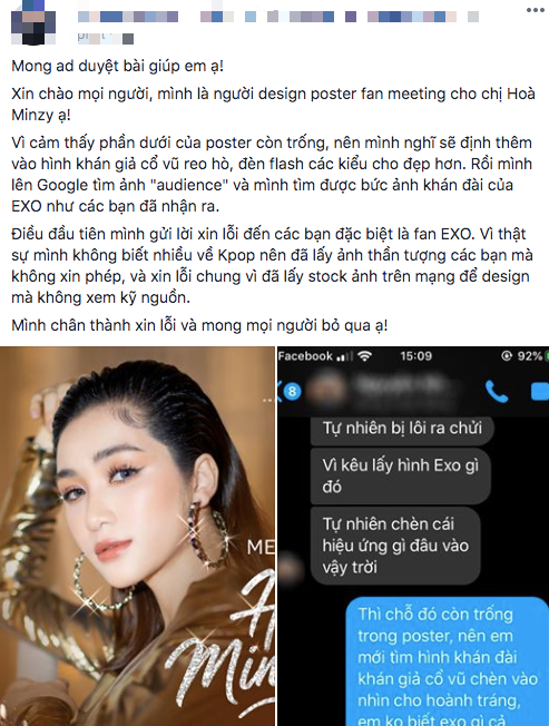 Fan Kpop nổi giận đùng đùng khi ekip Hoà Minzy mượn hình ảnh concert EXO làm poster fanmeeting, designer lên tiếng phân trần - Ảnh 3.