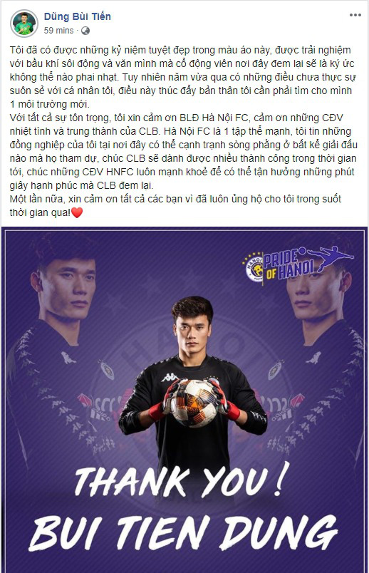 Viết t&acirc;m thư chia tay H&agrave; Nội FC, B&ugrave;i Tiến Dũng bị đ&agrave;n anh troll: Về dọn ph&ograve;ng đi em - Ảnh 1.