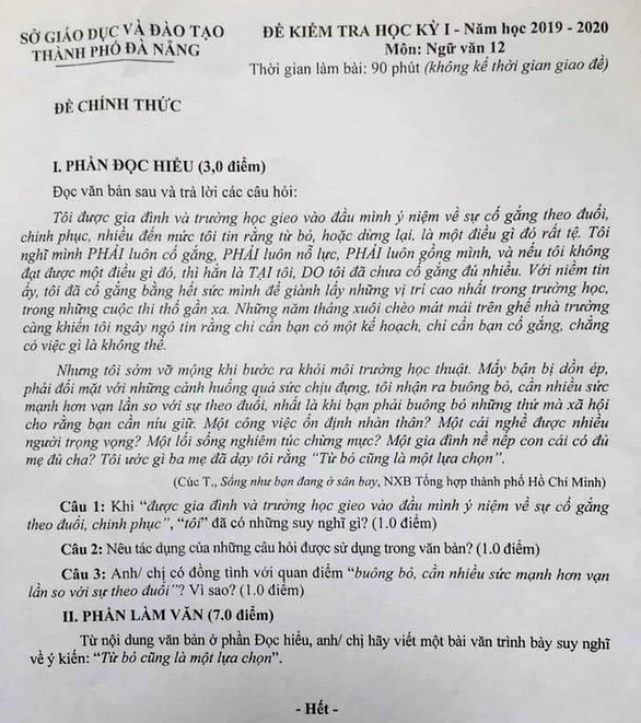  Đề thi văn Từ bỏ cũng là một lựa chọn của TP Đà Nẵng gây tranh cãi: Người khen hay, người chê tiêu cực  - Ảnh 1.