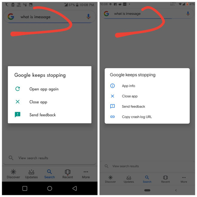 Lỗi kỳ quặc của ứng dụng Google trên Android: Tự sập mỗi khi tìm kiếm chứa từ message - Ảnh 1.