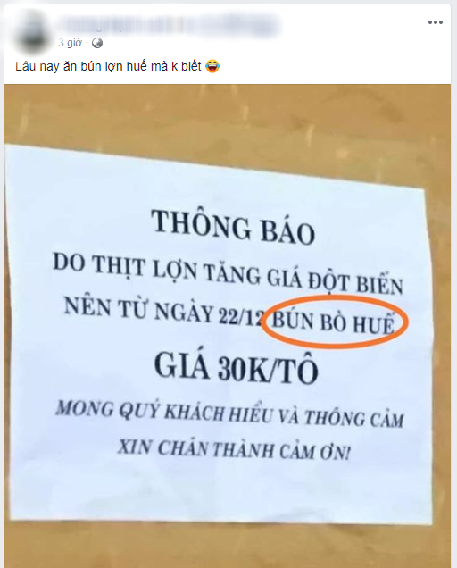 Đăng ảnh cà khịa giá thịt lợn tăng mà bún bò Huế cũng đòi tăng, thanh niên bị dân mạng chửi sấp mặt - Ảnh 1.