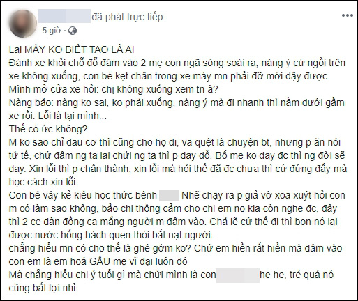 Nữ tài xế đâm trúng 2 mẹ con đi xe máy, đã không xin lỗi luôn mà còn thách thức: Mày gọi trưởng công an quận tao cho mày luôn số này, mày gọi đi - Ảnh 1.