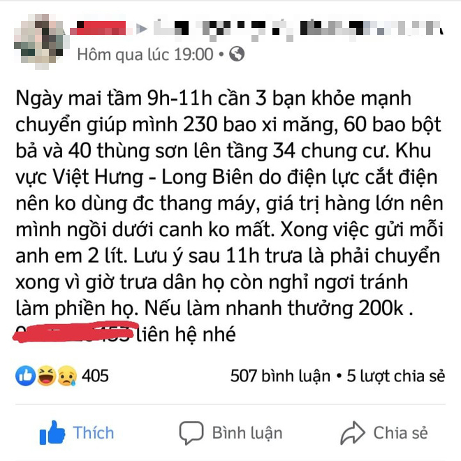 Đăng tin tuyển 3 người vác bộ 330 bao xi măng và thùng sơn lên tầng 34 chung cư với thù lao 200.000 đồng/bạn, cô gái khiến dân mạng phải khẩu nghiệp - Ảnh 1.