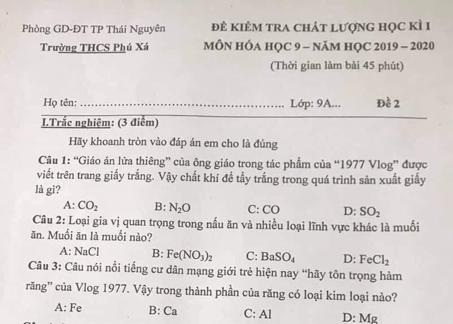 Một trường THCS ở Thái Nguyên mang hiện tượng 1977 vlog vào đề thi môn... Hóa học gây tranh cãi - Ảnh 2.