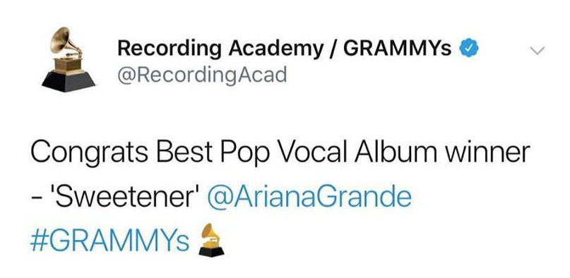Ariana Grande đã tiên đoán mình sẽ thắng giải Grammy cách đây... 2 ngày? - Ảnh 1. Ariana Grande đã tiên đoán mình sẽ thắng giải Grammy cách đây... 2 ngày? - Ảnh 1.