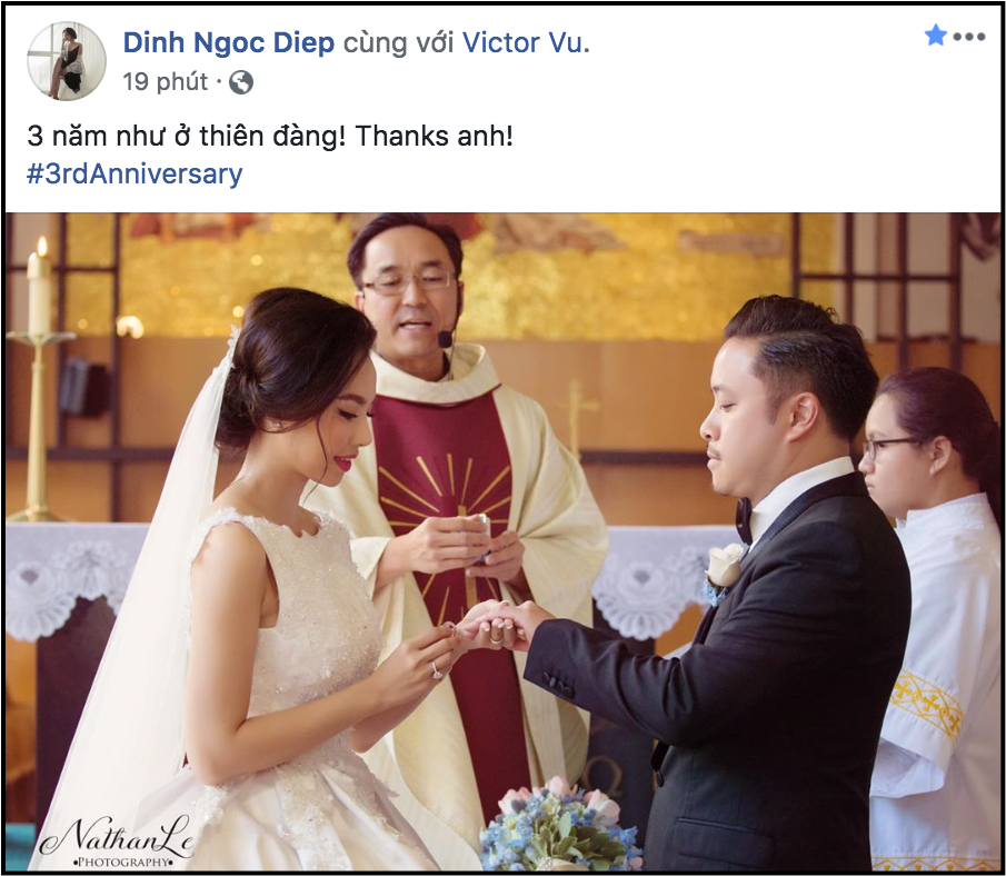 Cách kỷ niệm 3 năm ngày cưới đơn giản nhưng vẫn đầy ngọt ngào của Đinh Ngọc Diệp và Victor Vũ - Ảnh 1. Cách kỷ niệm 3 năm ngày cưới đơn giản nhưng vẫn đầy ngọt ngào của Đinh Ngọc Diệp và Victor Vũ - Ảnh 1.
