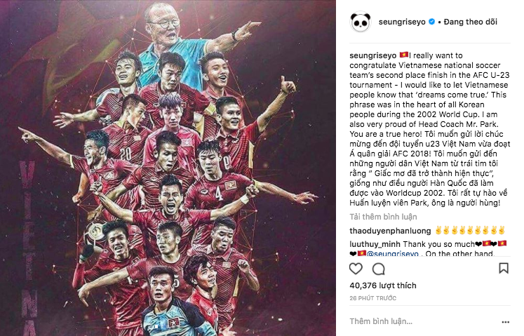Có thể bạn chưa biết: Seungri từng gửi lời chúc đội U23 Việt Nam bằng tiếng Việt trên trang cá nhân, là một fan cứng của bóng đá Có thể bạn chưa biết: Seungri từng gửi lời chúc đội U23 Việt Nam bằng tiếng Việt trên trang cá nhân, là một fan cứng của bóng đá