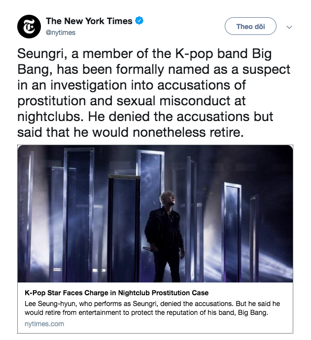 Kh&ocirc;ng chỉ ch&acirc;u &Aacute;, New York Times, CNN v&agrave; truyền th&ocirc;ng quốc tế đứng ngồi kh&ocirc;ng y&ecirc;n v&igrave; scandal r&uacute;ng động của Seungri - Ảnh 1.