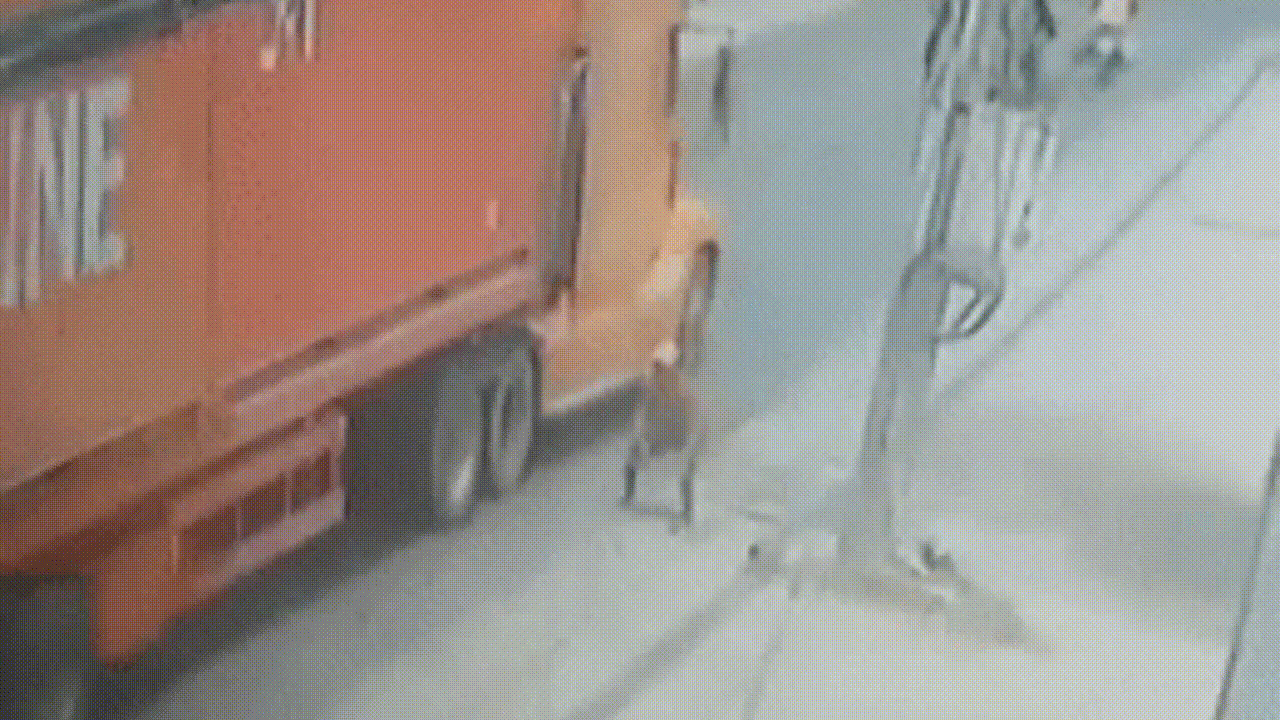 Clip h&atilde;i h&ugrave;ng: Người đ&agrave;n &ocirc;ng tự lao đầu v&agrave;o xe container đang chạy, tho&aacute;t chết thần kỳ - Ảnh 2.