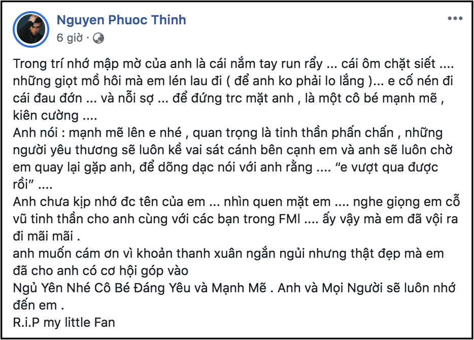 Noo Phước Thịnh viết tâm thư, đau buồn khi nghe tin fan ruột qua đời vì bị bệnh hiểm nghèo - Ảnh 1. Noo Phước Thịnh viết tâm thư, đau buồn khi nghe tin fan ruột qua đời vì bị bệnh hiểm nghèo - Ảnh 1.