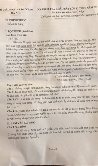 Đề thi thử THPT quốc gia 2019 môn văn tại Hà Nội và đáp án - Ảnh 1.