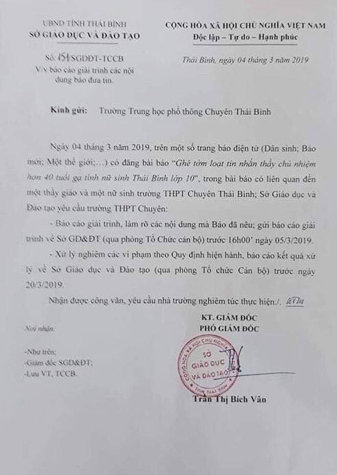 Nghi án thầy giáo trường chuyên nhắn tin “gạ tình” nữ sinh lớp 10, Sở GD&ĐT Thái Bình yêu cầu làm rõ vụ việc - Ảnh 3.