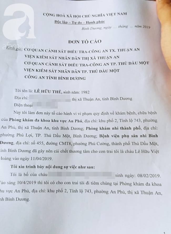 Cha của bé trai 2 tháng tử vong sau khi tiêm vắc-xin 5 trong 1 viết đơn tố cáo 3 bệnh viện, phòng khám nhi - Ảnh 1.