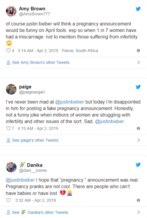 Bày trò đùa vợ mang thai ngày Cá tháng Tư, Justin Bieber bị chỉ trích thậm tệ vì động chạm đến phụ nữ hiếm muộn - Ảnh 3.