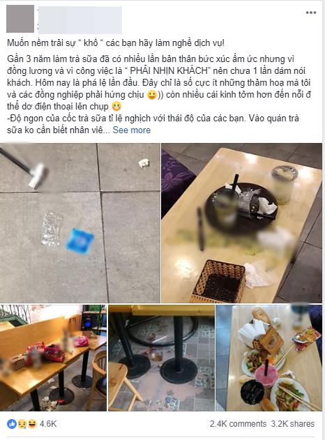 C&ocirc; g&aacute;i l&agrave;m phục vụ ở qu&aacute;n tr&agrave; sữa kh&aacute;ch đến rồi đi để lại đống r&aacute;c: Bọn m&igrave;nh đ&acirc;u c&oacute; bắt kh&aacute;ch dọn, chỉ mong họ &yacute; thức hơn! - Ảnh 1.
